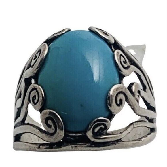 Blue Turquoise 925 Sterling Silver Ring Size 10 Firoza Israel Cabochon - Picture 16 of 16